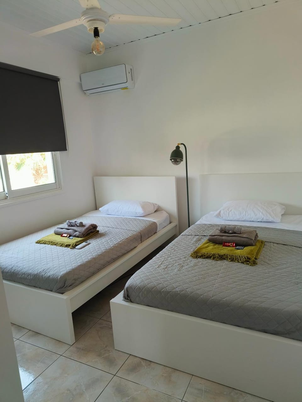 Bed, Photo of the whole room, Bedroom, towels, air conditioner