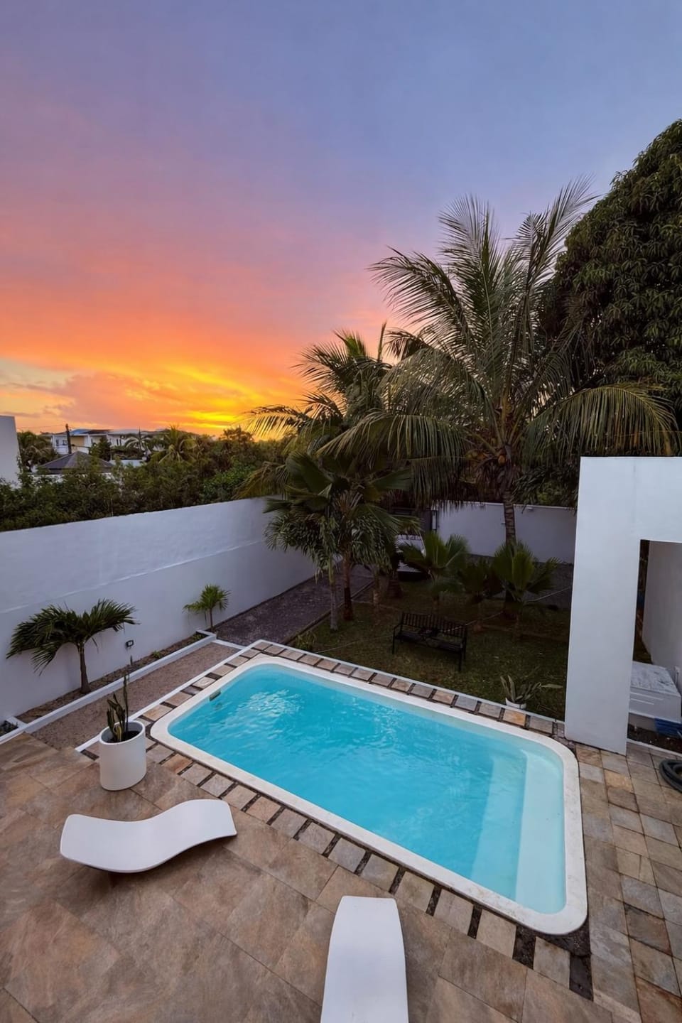 Patio, Natural landscape, Pool view, Swimming pool, Sunset, sunbed