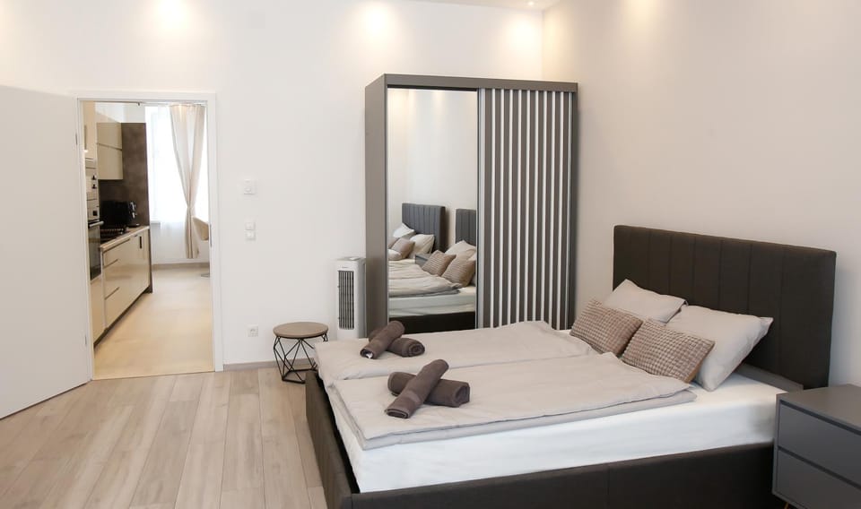 Bed, Photo of the whole room, Bedroom, towels, wardrobe, air conditioner