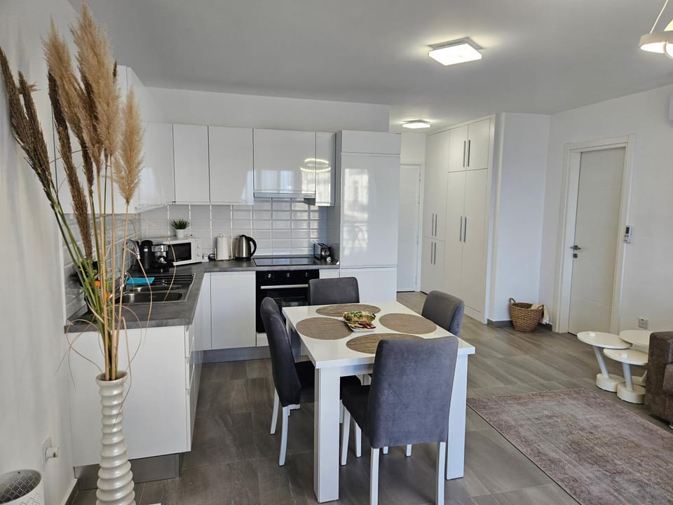 Kitchen or kitchenette, Living room, Seating area, Dining area