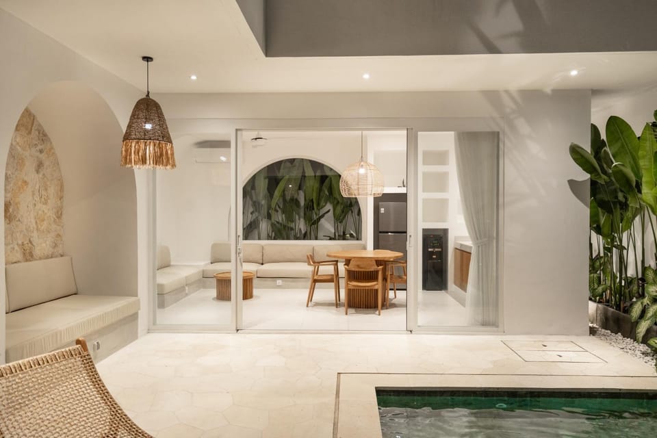 Living room, Seating area, Pool view