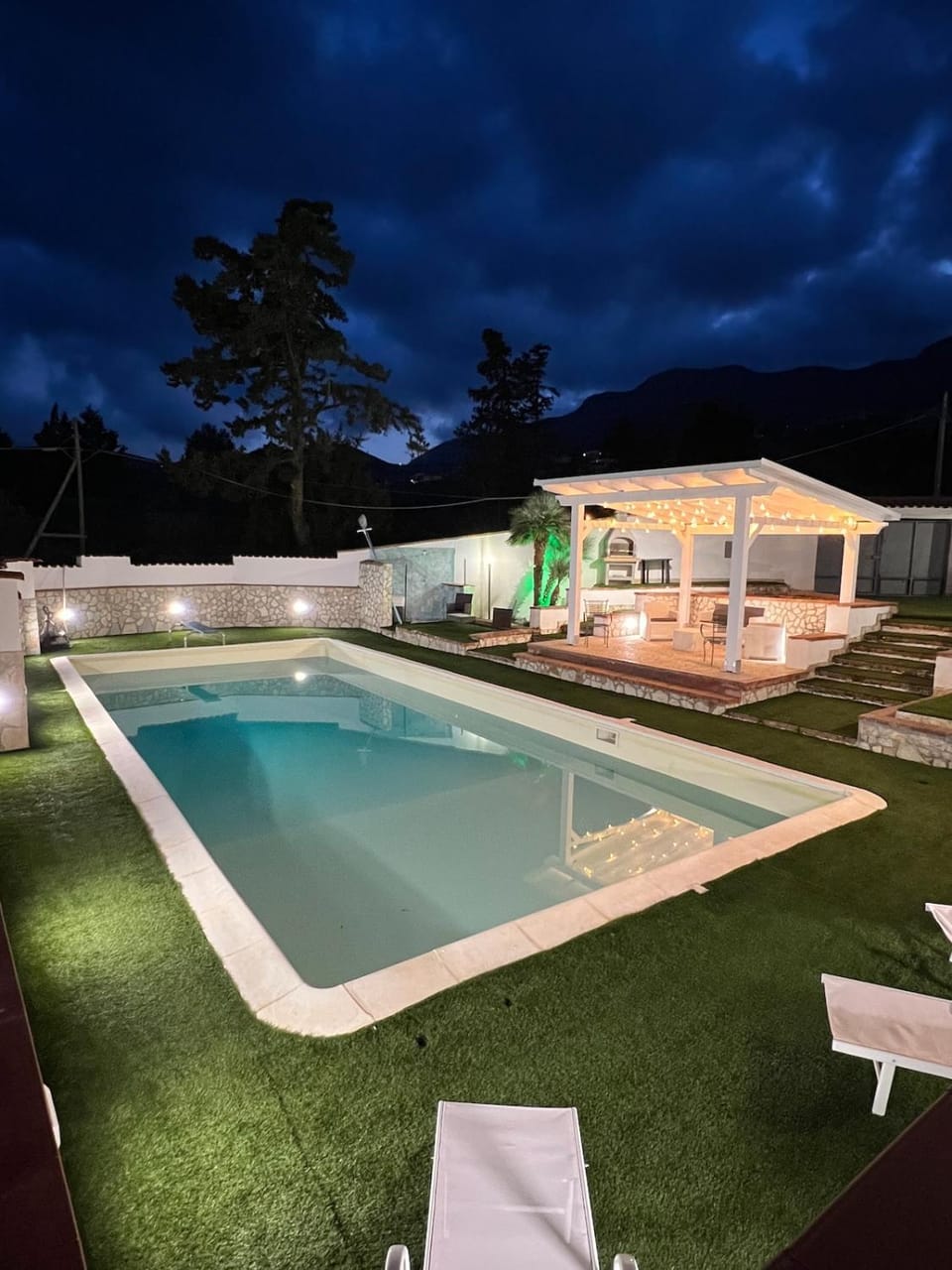 Night, Natural landscape, Pool view, Swimming pool, sunbed