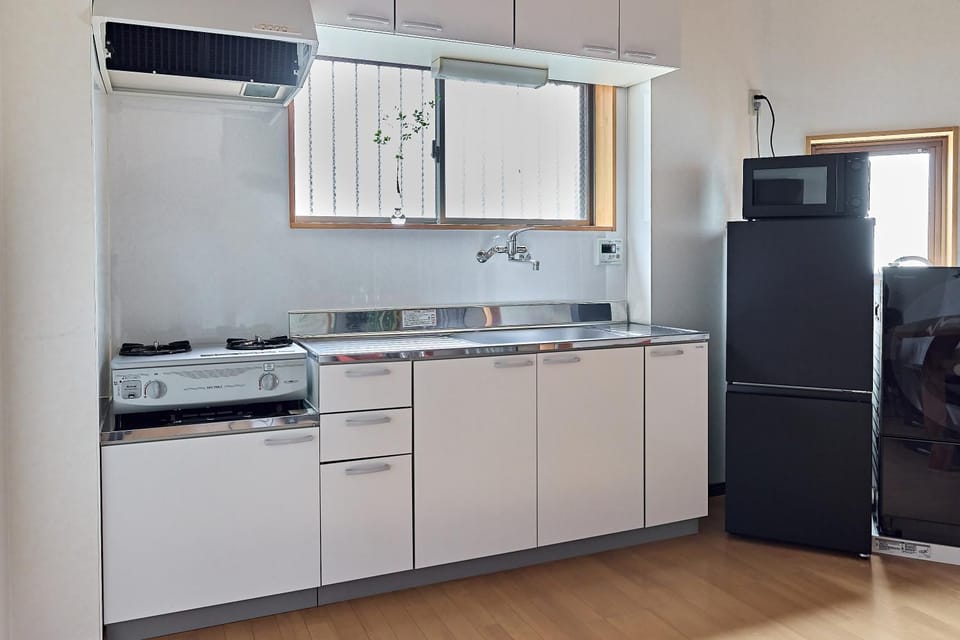 Kitchen or kitchenette, microwave, stove