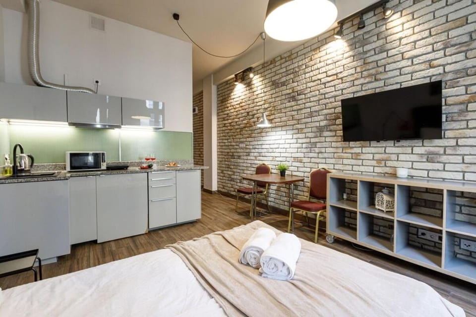 Bed, TV and multimedia, Coffee/tea facilities, Kitchen or kitchenette, Photo of the whole room, Bedroom, minibar, oven, stove, towels