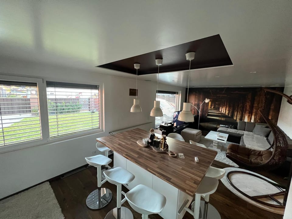 Kitchen or kitchenette, Living room, Seating area, Dining area