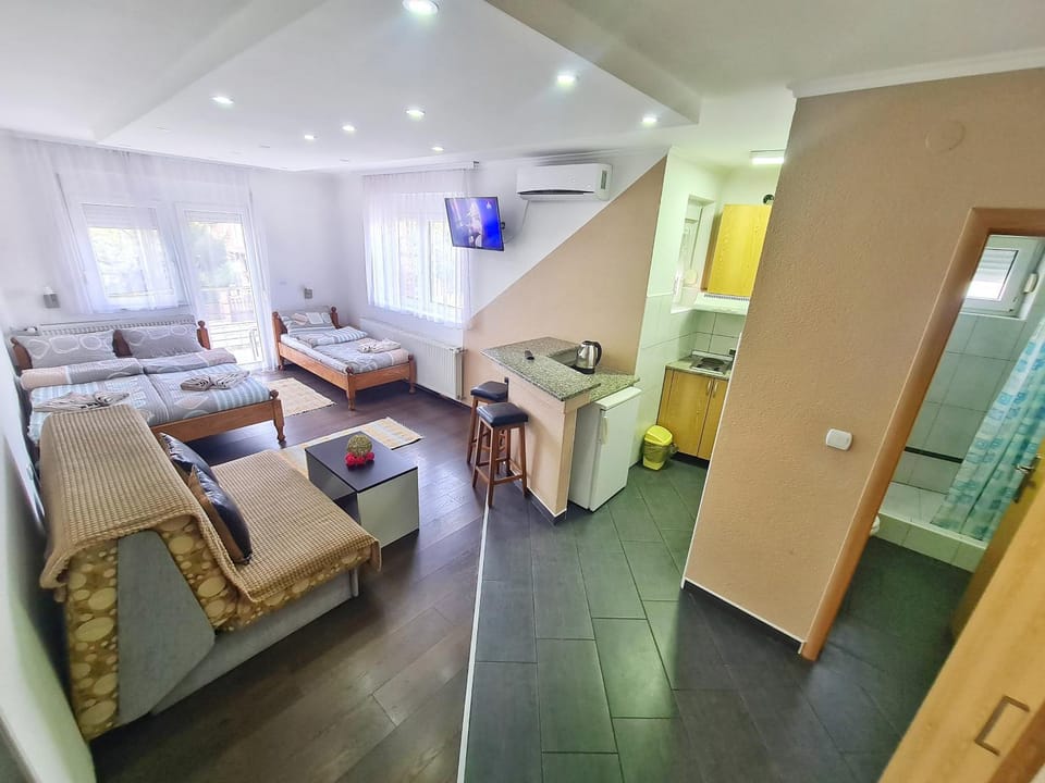 Bed, TV and multimedia, Kitchen or kitchenette, Living room, Photo of the whole room, Seating area, Bedroom