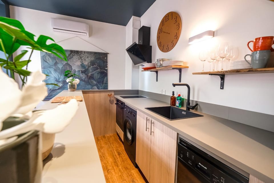 Kitchen or kitchenette, dishwasher, stove