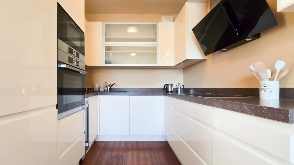Kitchen or kitchenette, dishwasher, oven, stove