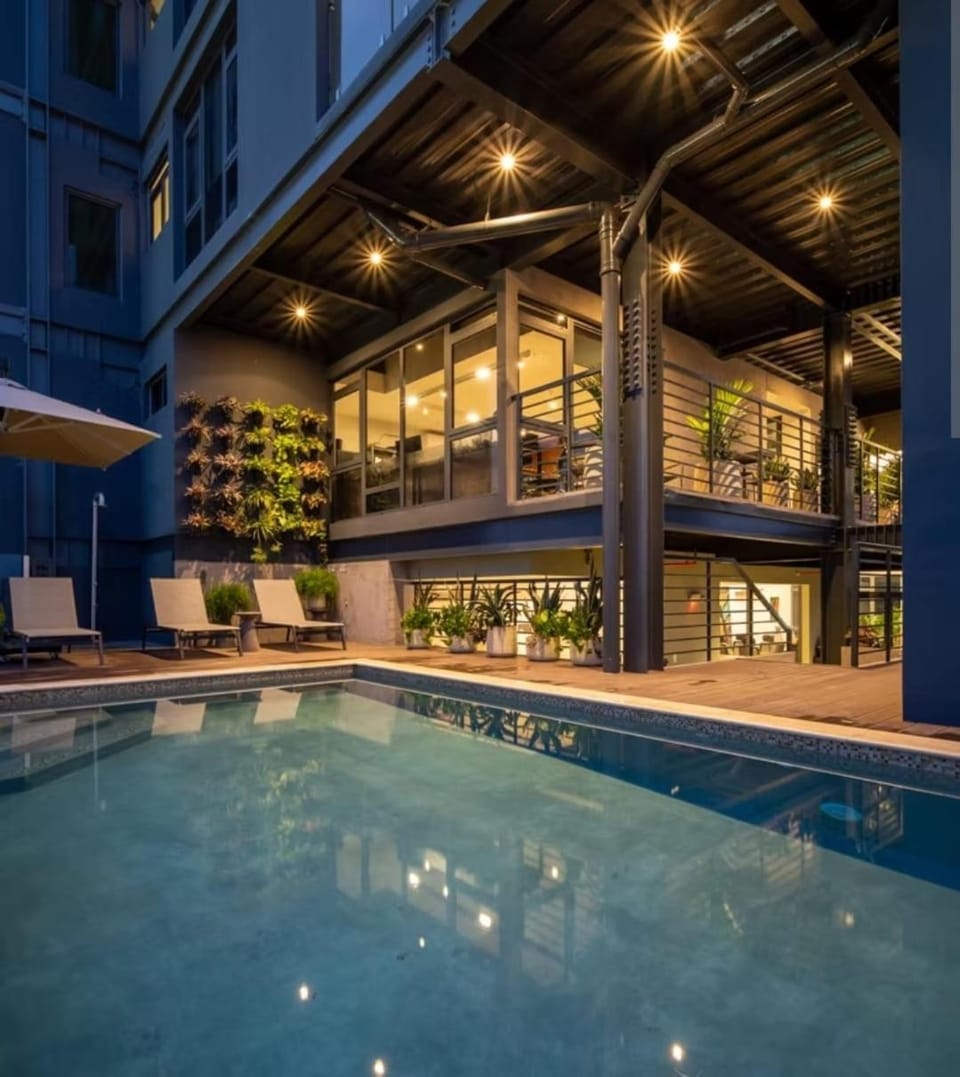 Property building, Night, Pool view, Swimming pool