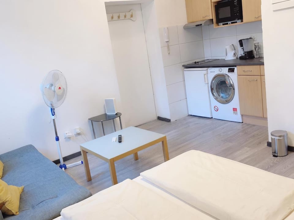 Bed, Kitchen or kitchenette, Seating area, Bedroom, oven, stove, washing machine