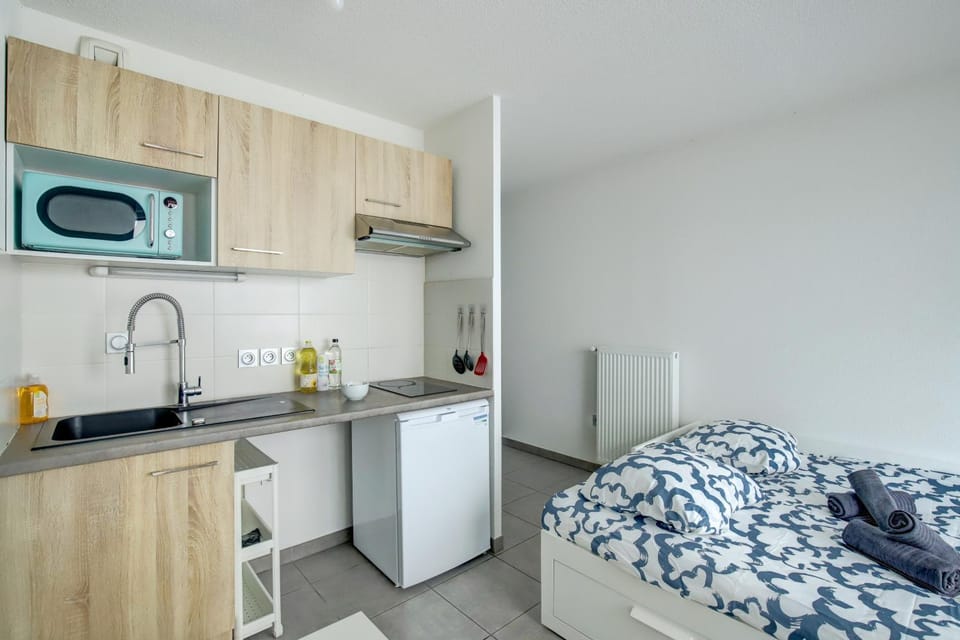 Bed, Kitchen or kitchenette, Photo of the whole room, Bedroom, minibar, oven, pet friendly, stove