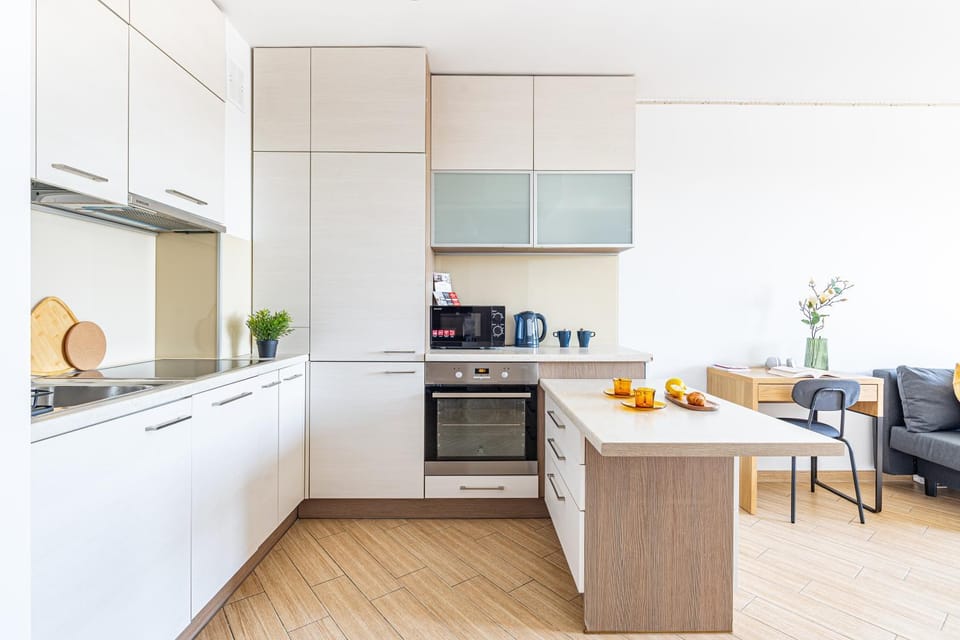 Kitchen or kitchenette, Living room, microwave, oven, stove