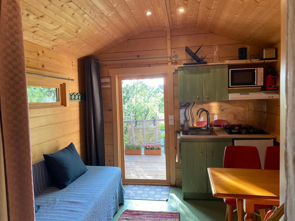 Kitchen or kitchenette, Living room, Seating area, Dining area, stove