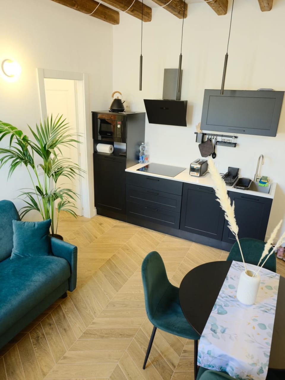 Kitchen or kitchenette, Living room, Seating area, Dining area, stove