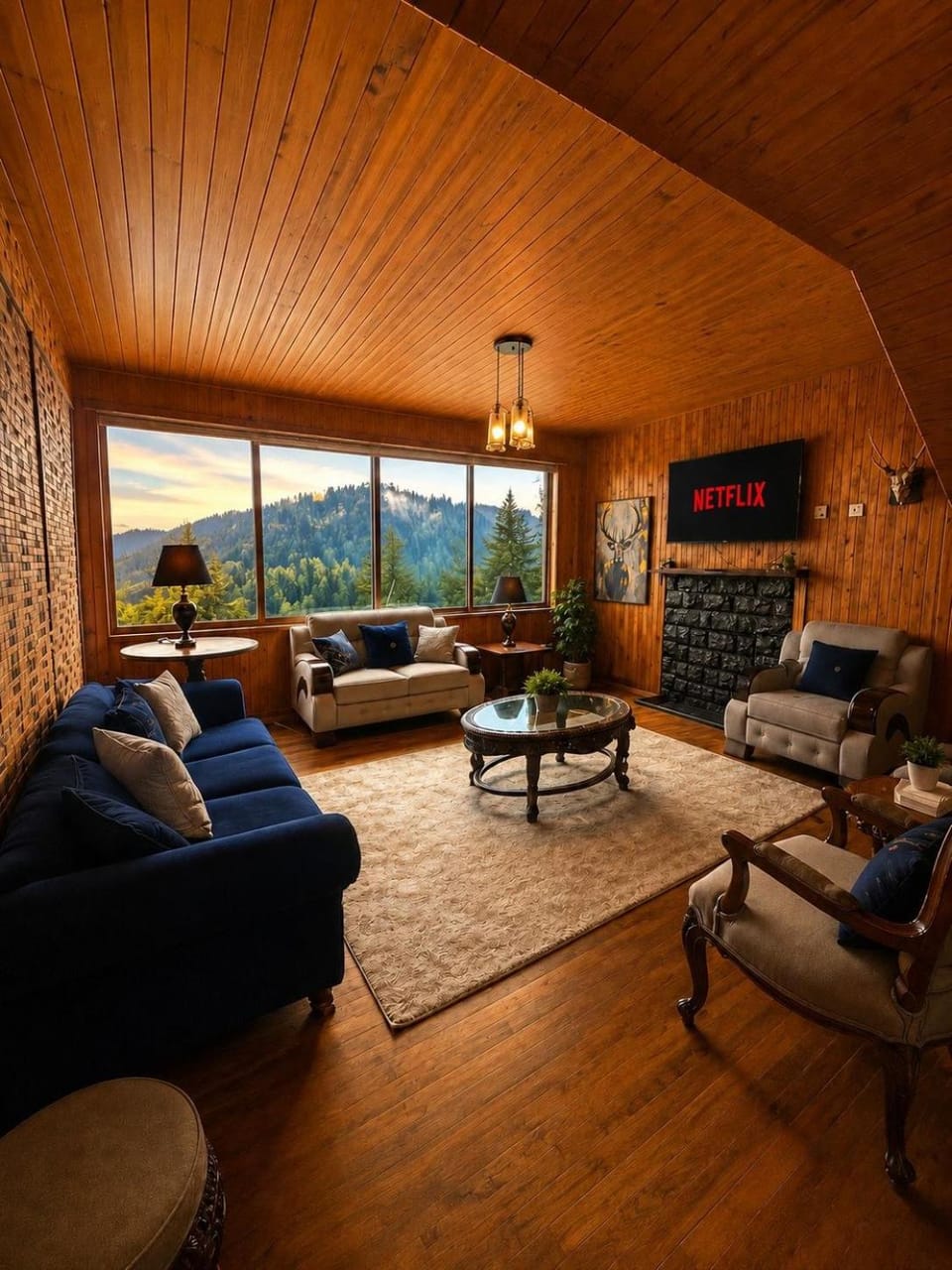Living room, Seating area, Mountain view