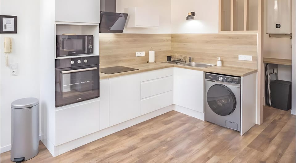 microwave, oven, stove, washing machine, kitchen