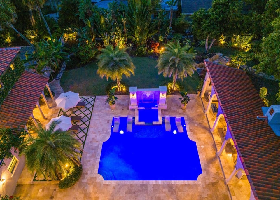 Patio, Night, Natural landscape, Garden, Garden view, Pool view, Swimming pool, sunbed