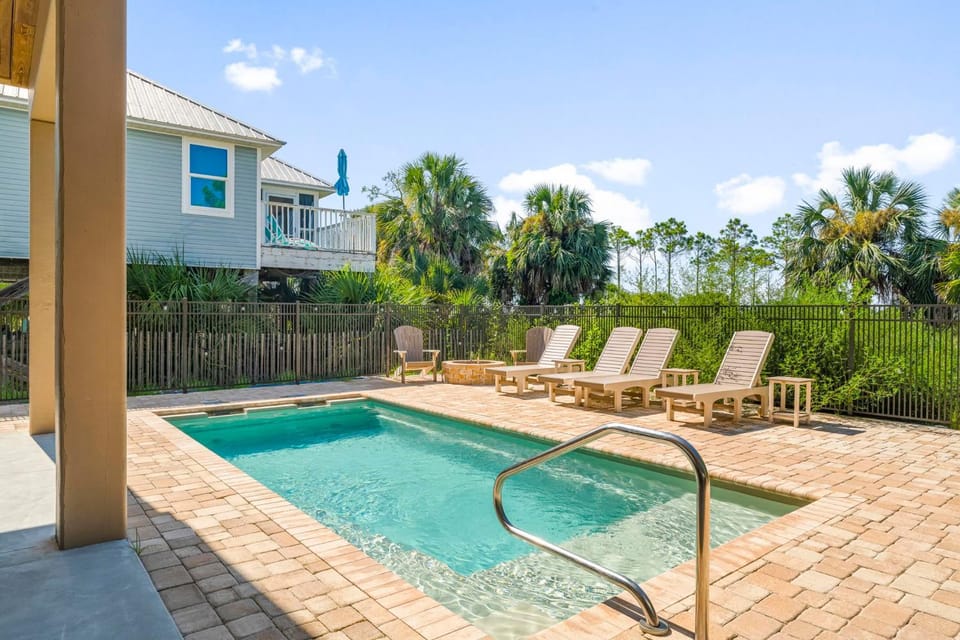 Patio, Day, Natural landscape, Pool view, Swimming pool, sunbed