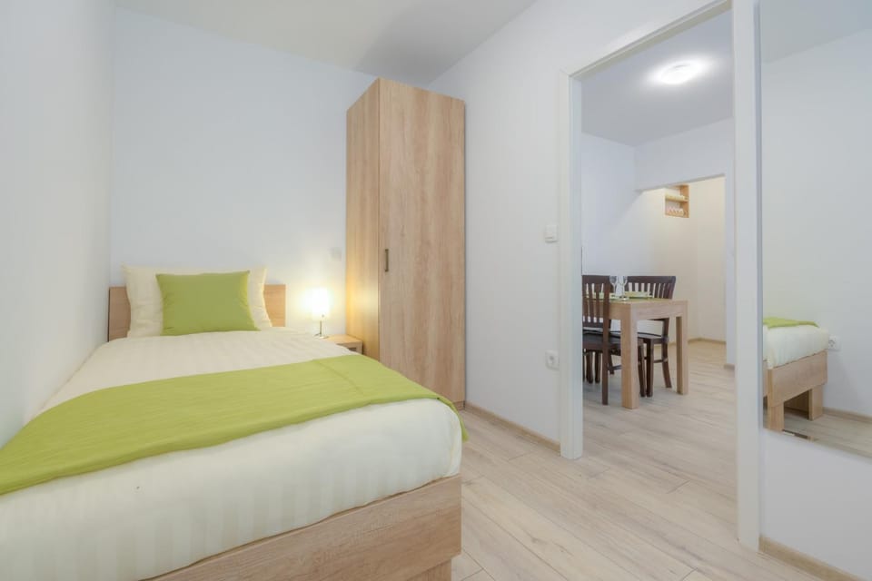 Bed, wardrobe