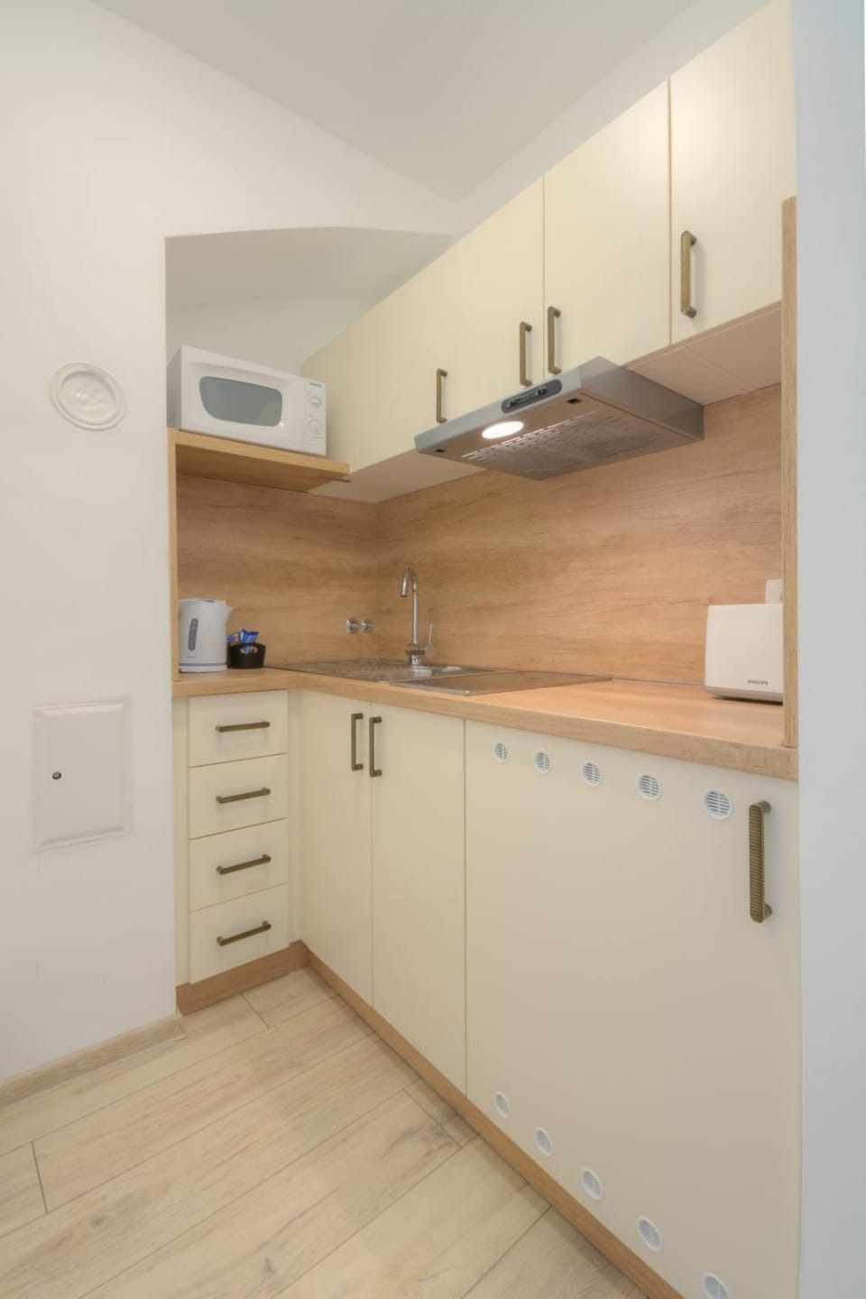 Kitchen or kitchenette, stove