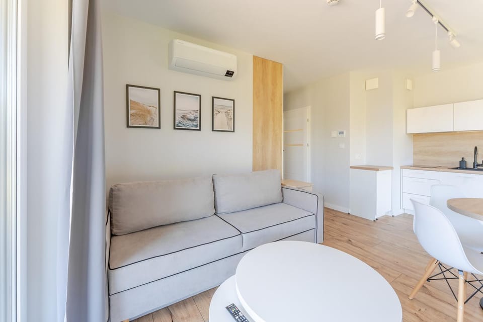 Kitchen or kitchenette, Living room, Seating area, Dining area, air conditioner