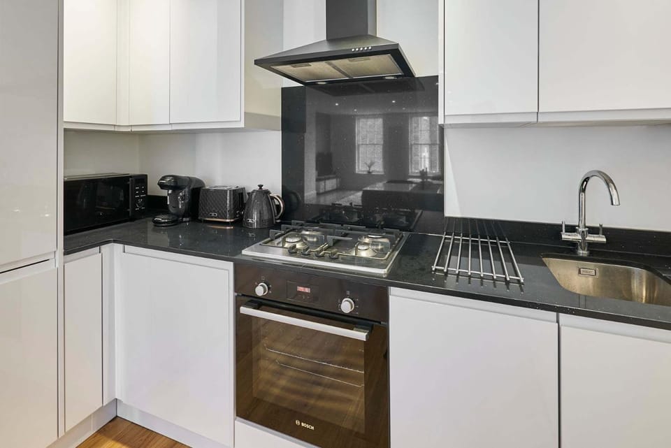 Kitchen or kitchenette, dishwasher, stove