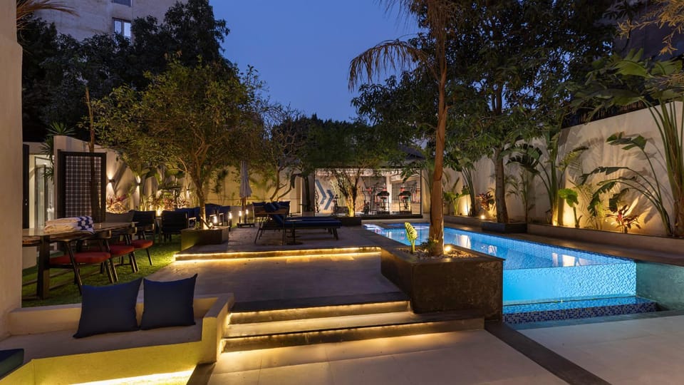 Property building, Night, Swimming pool