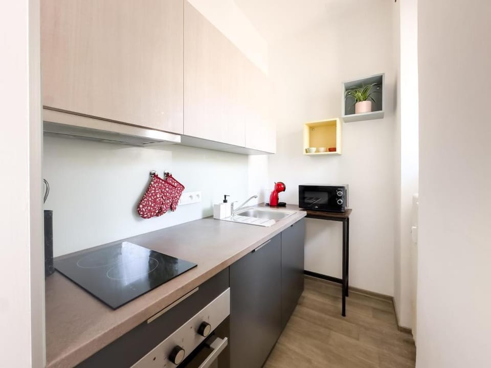 Kitchen or kitchenette, oven, stove