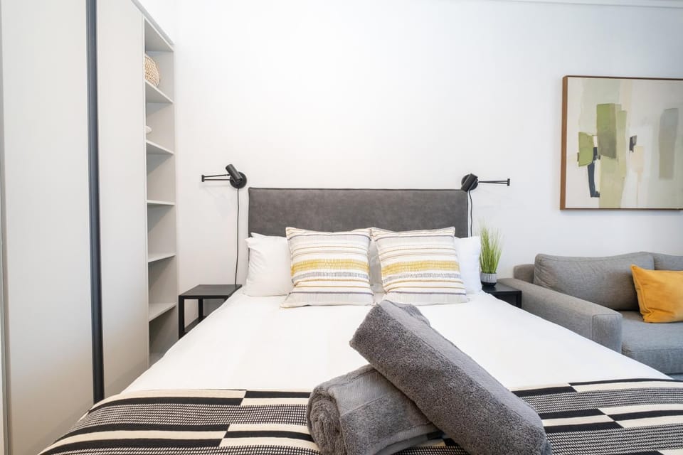Bed, wardrobe