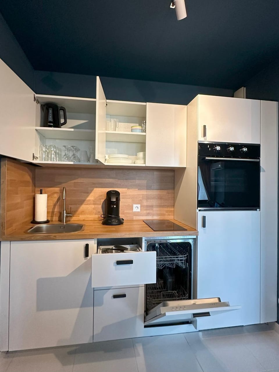 Kitchen or kitchenette, dishwasher, oven, stove