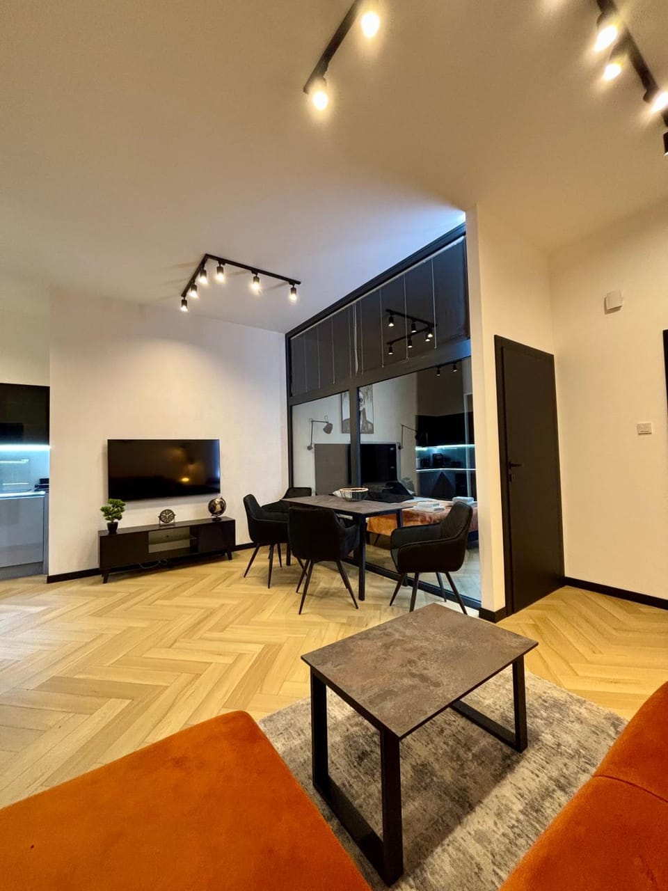 TV and multimedia, Kitchen or kitchenette, Living room, Photo of the whole room, Seating area, Dining area