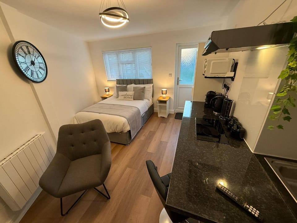 Kitchen or kitchenette, Living room, Photo of the whole room, Seating area, Bedroom, stove