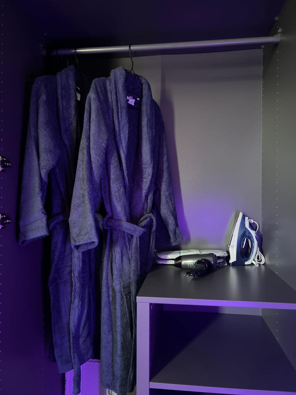 Bedroom, flat iron, hair dryier