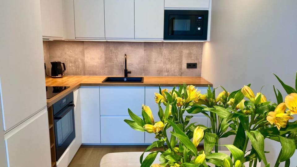 Kitchen or kitchenette, dishwasher, microwave, oven, stove