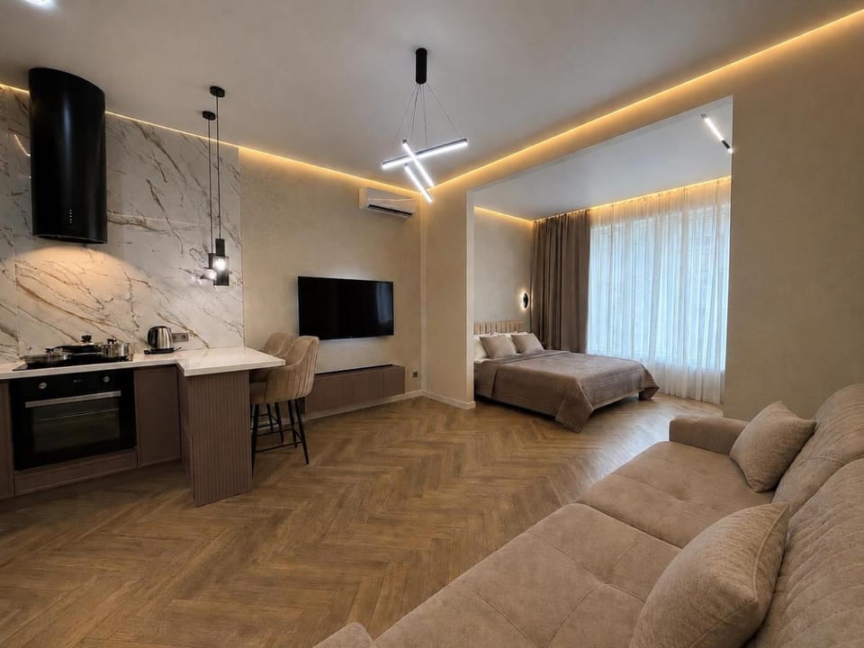 Bed, TV and multimedia, Kitchen or kitchenette, Living room, Photo of the whole room, Seating area, Bedroom