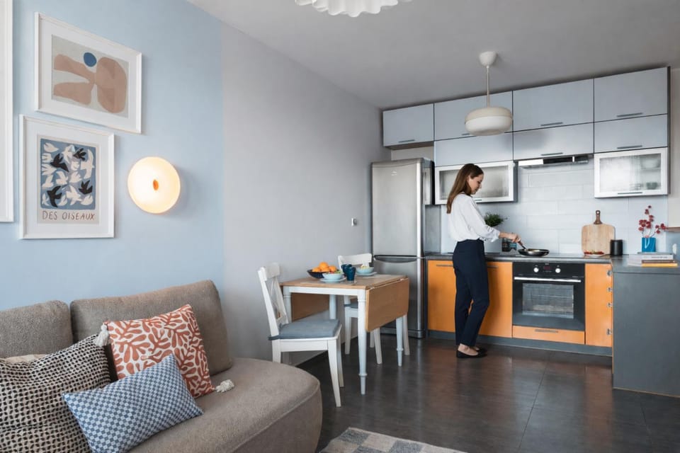 Kitchen or kitchenette, Living room, Dining area, oven, stove