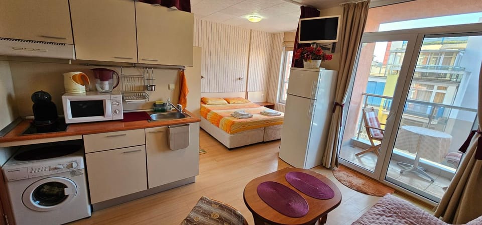 Bed, Kitchen or kitchenette, Living room, Photo of the whole room, Dining area, stove, towels, washing machine, dryer
