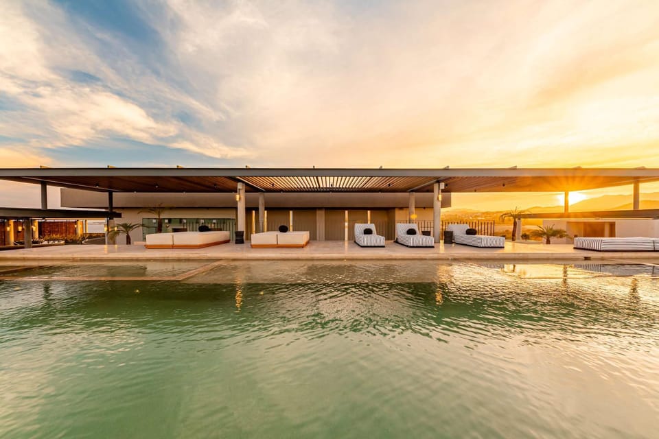 Pool view, Swimming pool, Sunset, sunbed
