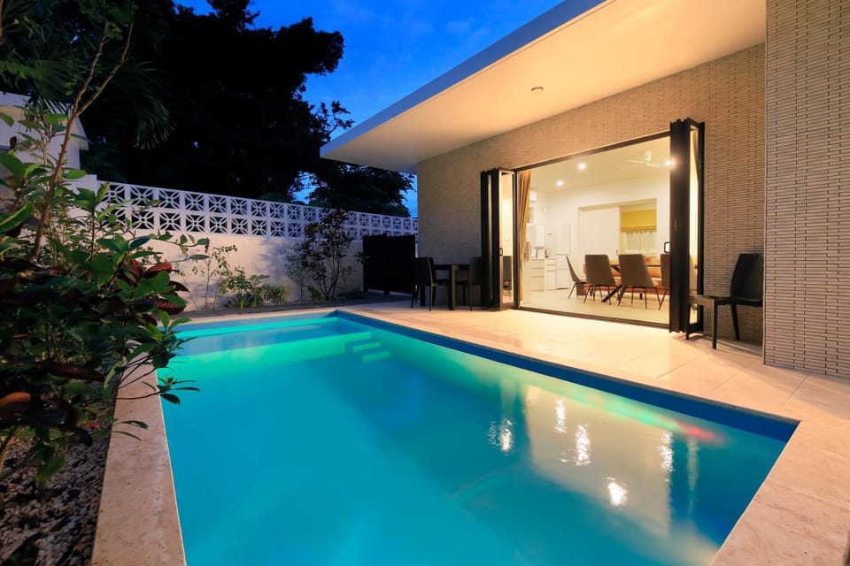 Property building, Night, Pool view, Swimming pool