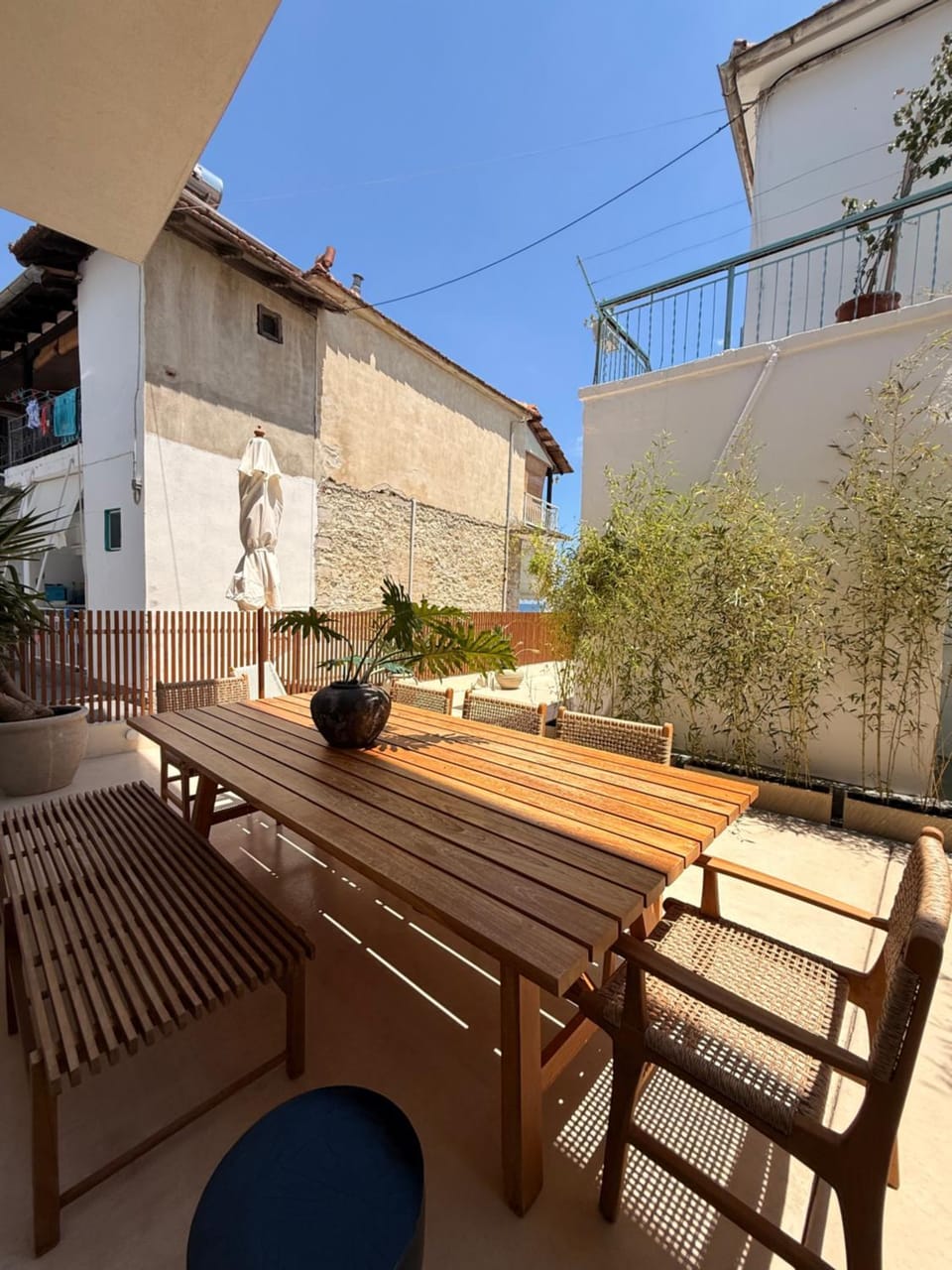 Property building, Patio, Day, View (from property/room), Seating area, Dining area, Family, Inner courtyard view