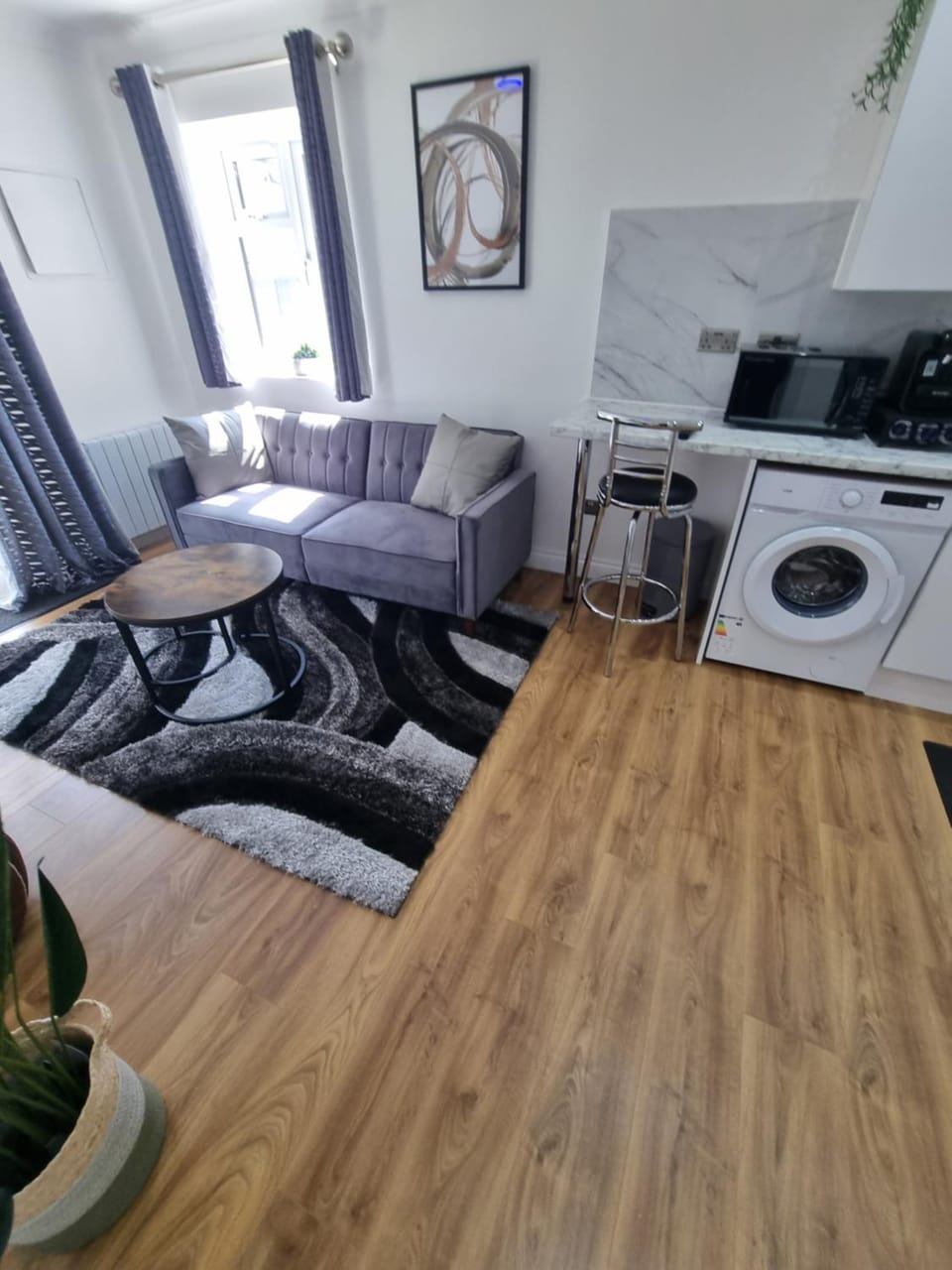 Kitchen or kitchenette, Living room, Seating area, washing machine