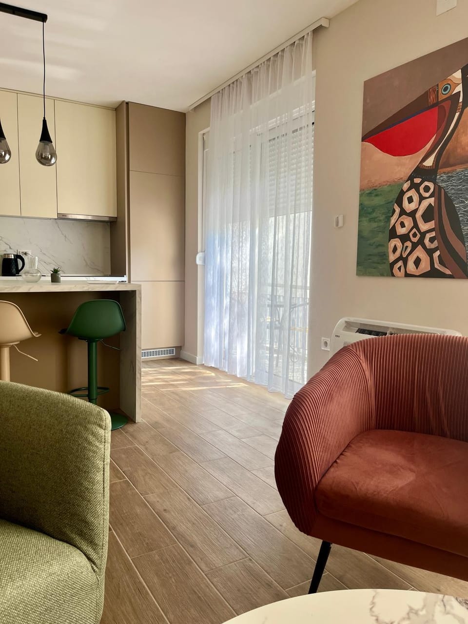 Kitchen or kitchenette, Living room, Seating area