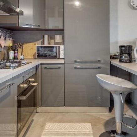 Kitchen or kitchenette, dishwasher, stove, toaster