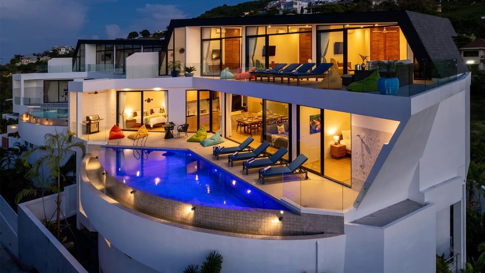 Property building, Patio, Night, Natural landscape, View (from property/room), Balcony/Terrace, Pool view, Swimming pool, sunbed