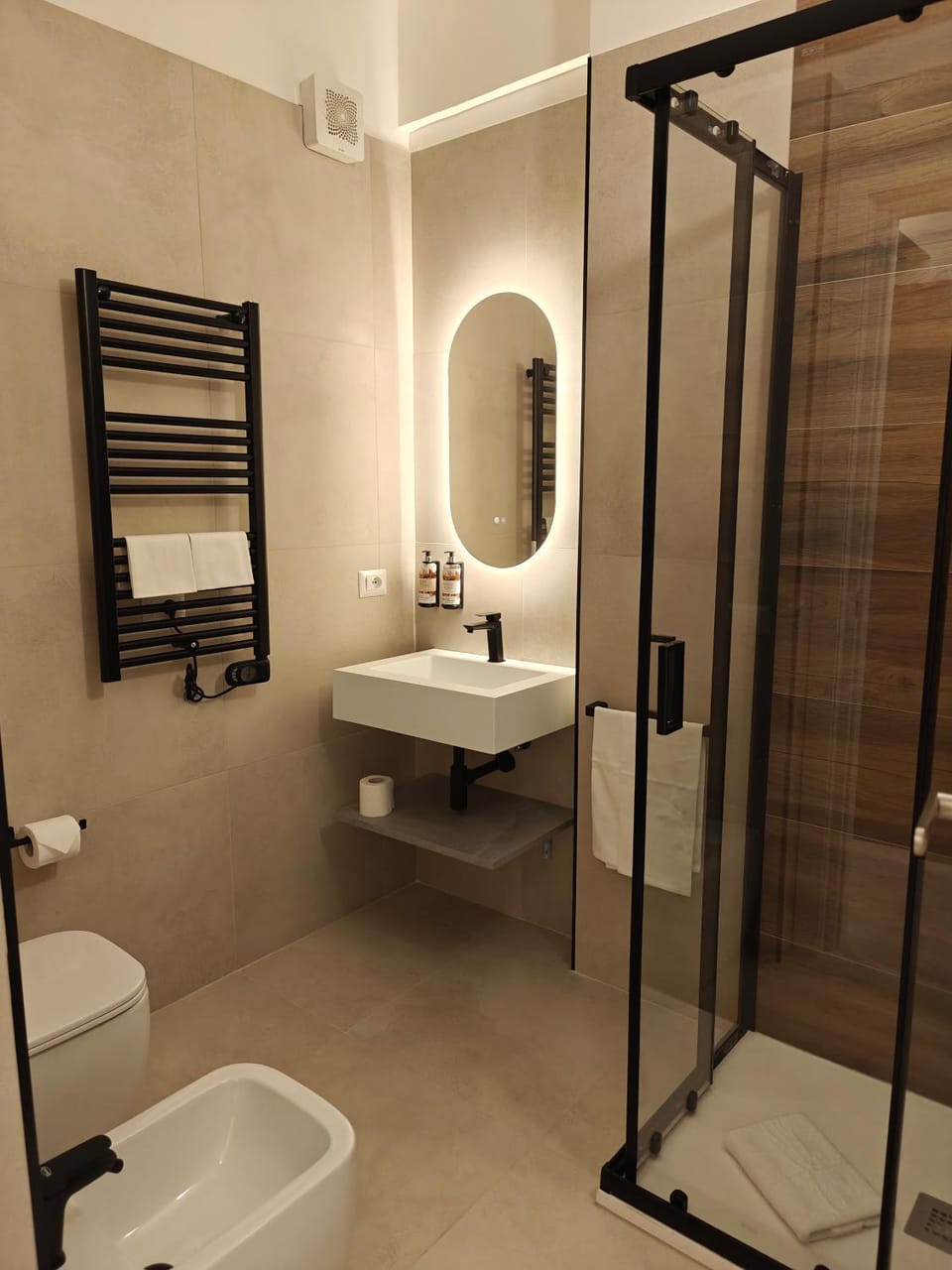 Shower, Toilet, Bathroom, bidet, hair dryier, heating, towels