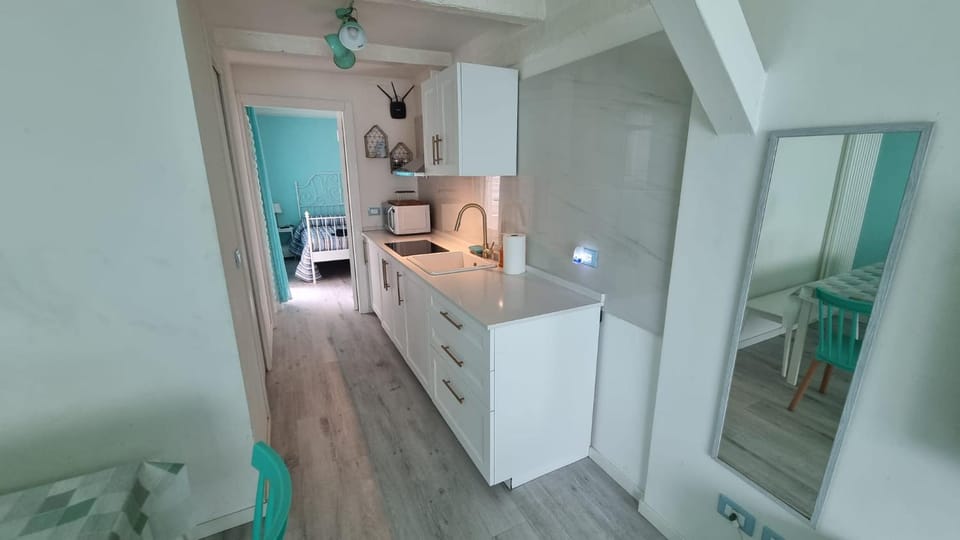 Kitchen or kitchenette, microwave, stove