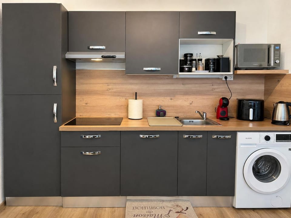 Coffee/tea facilities, microwave, oven, stove, washing machine, kitchen