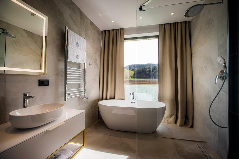 Shower, Bathroom, Lake view, Bath, towels