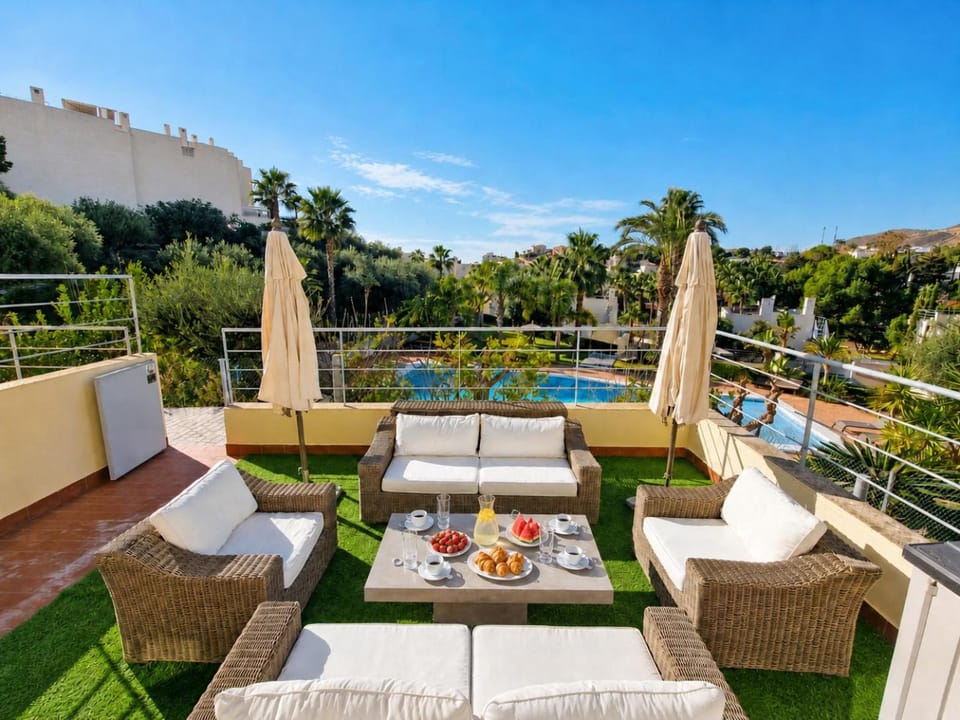 Balcony/Terrace, Seating area, Dining area, Garden view, Pool view