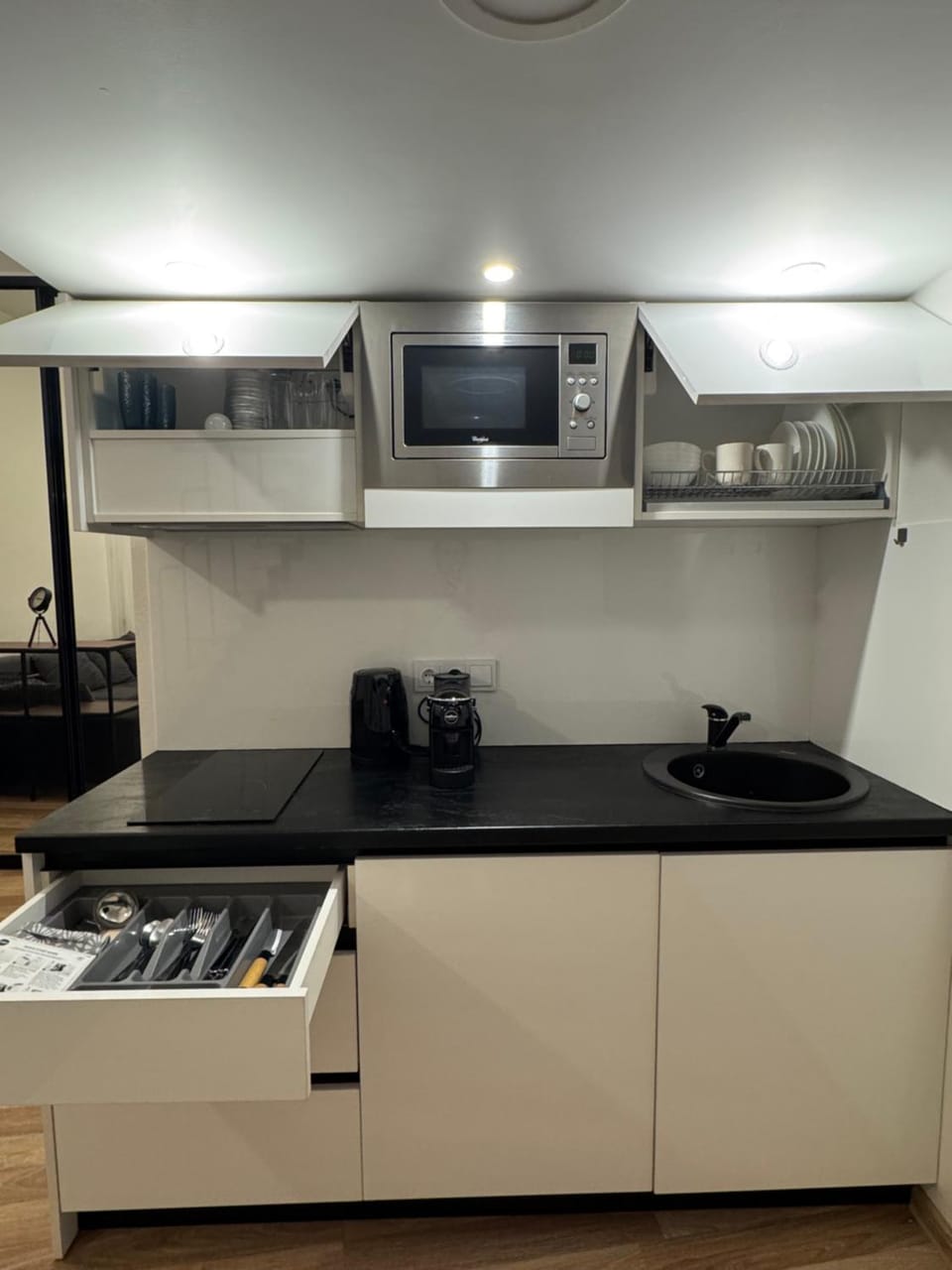 Kitchen or kitchenette, stove
